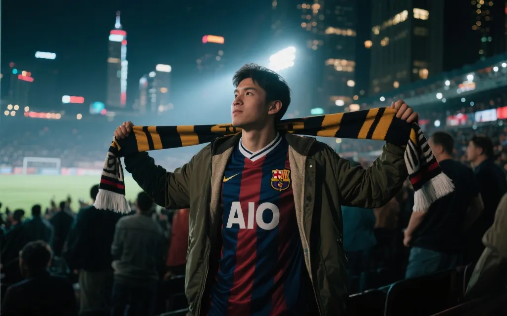 观赛出片场景：球衣与外套层搭，手持围巾，夜场灯光下的街头感