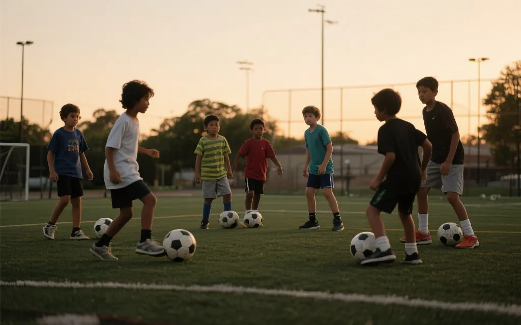 社区球场的傍晚训练：不同年龄与性别的青少年一起踢球，温暖纪录片质感