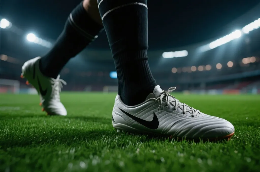A close-up of a professional soccer player's feet wearing unbranded boots on a vibrant green field