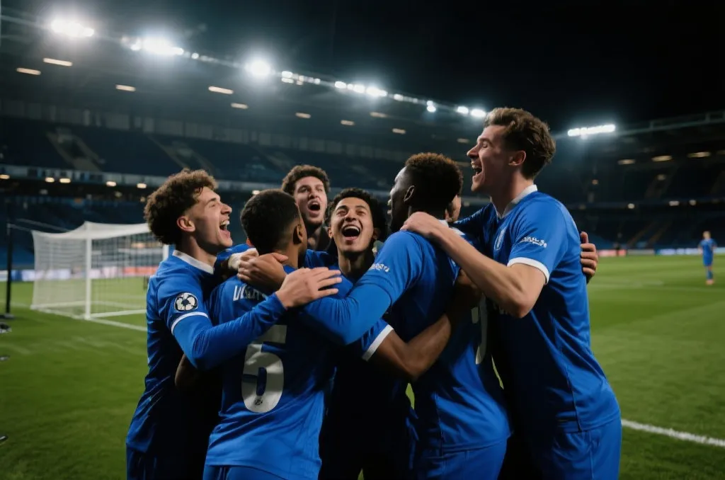 An emotional moment on a soccer pitch under bright stadium lights, a group of diverse players in generic blue uniforms celebrating a late goal